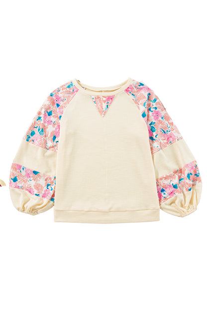 Ribbed Floral Patchwork Sleeve Top