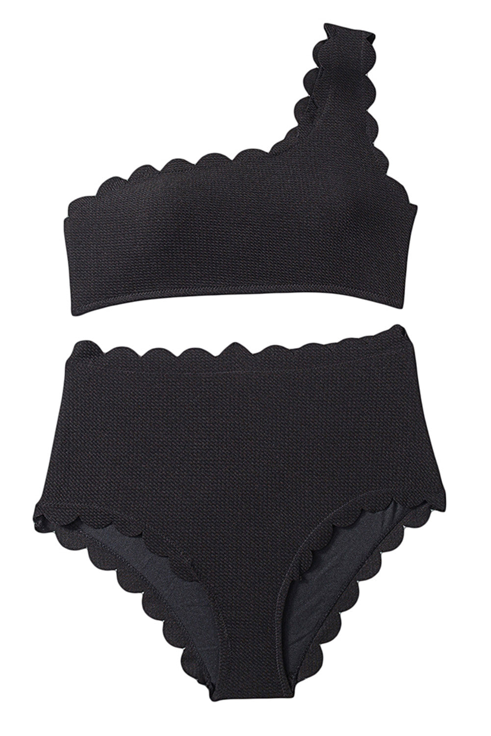 Black Solid Scalloped One-Shoulder Bikini