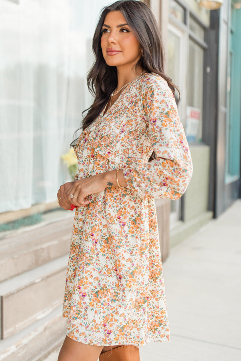 Yellow Floral Ruffled Long Sleeve Mini Dress