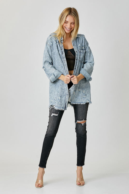 Risen Acid Wash Distressed Raw Hem Denim Shirt