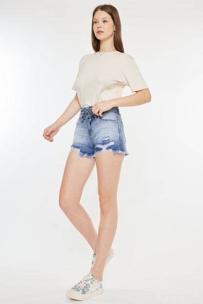 Kancan Acid Wash High Rise Frayed Hem Denim Shorts