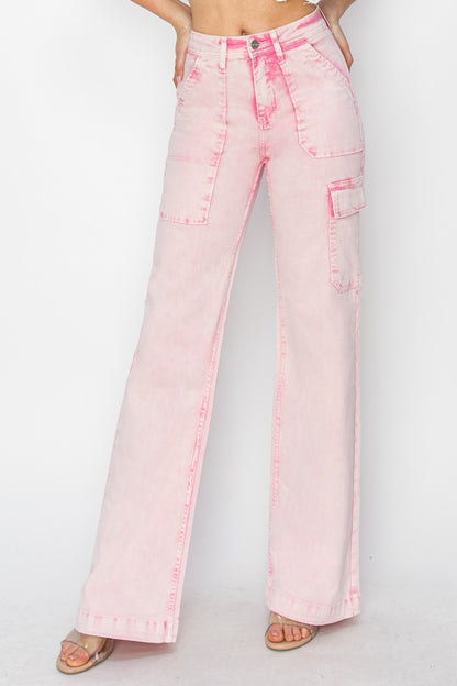 Risen Pink Wide Leg Cargo Pocket Jeans