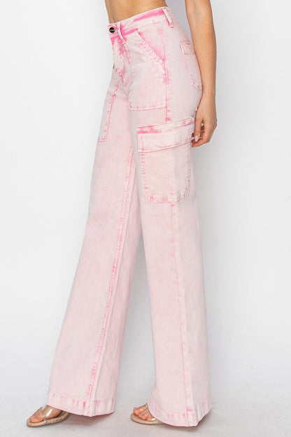 Risen Pink Wide Leg Cargo Pocket Jeans