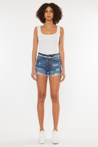 Kancan Dark Wash Distressed Button Fly Denim Shorts