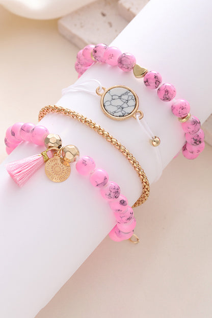 Pink Marble Bead Tassel Bracelet Set