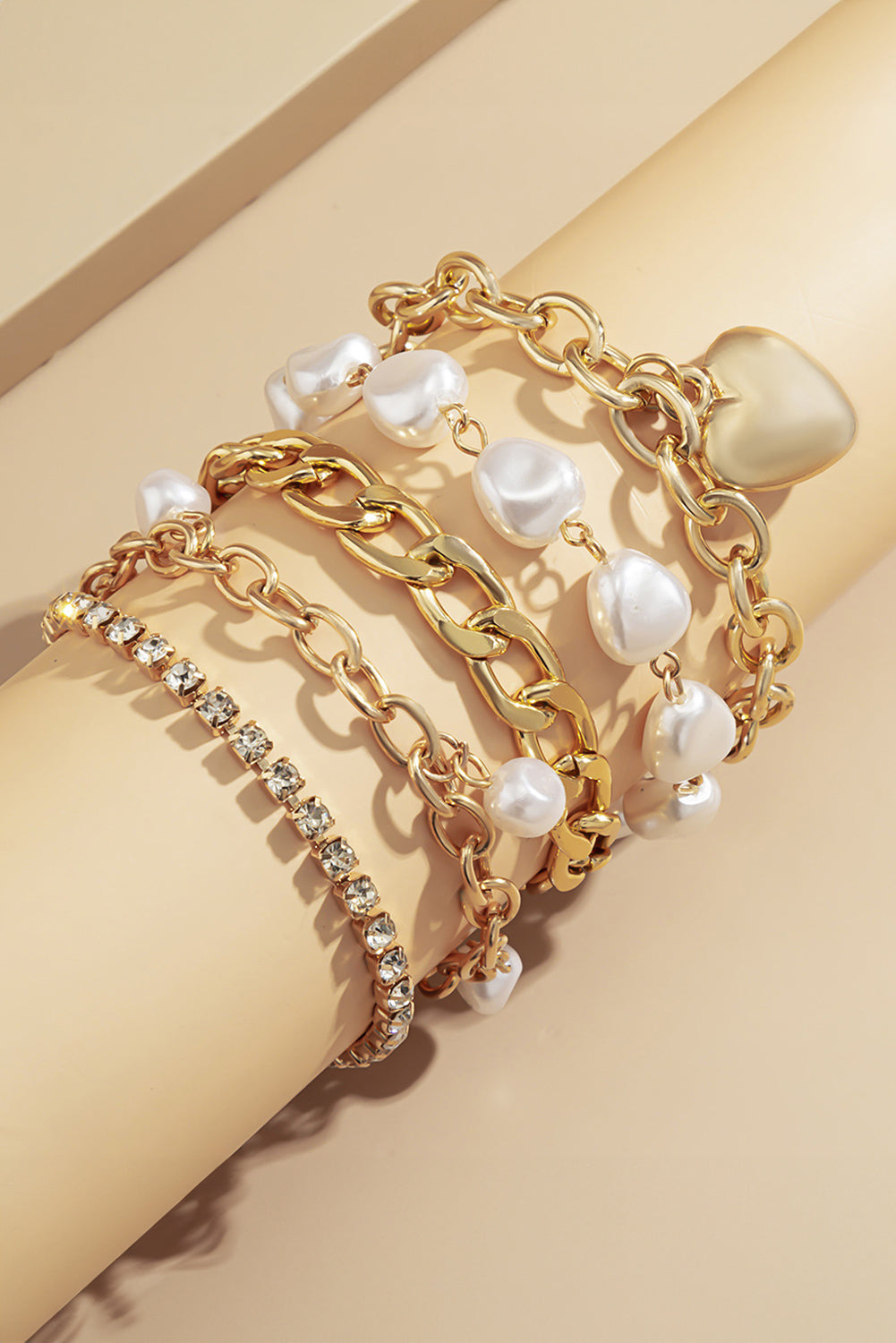 Gold Pearl Heart Diamond Bracelet Set