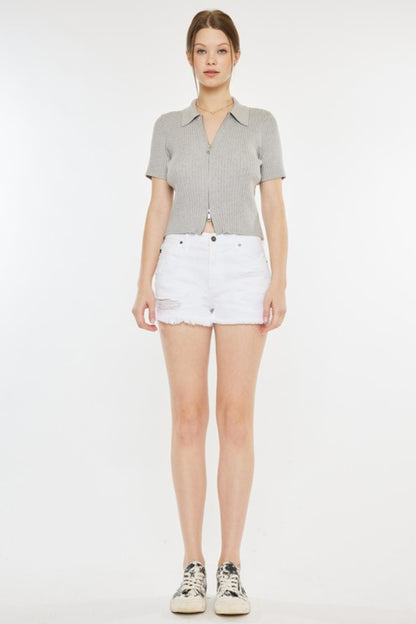 Kancan White Raw Hem Distressed Denim Shorts