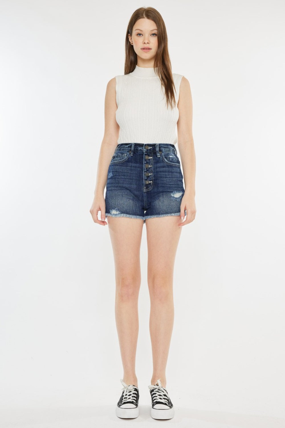 Kancan Dark Wash Raw Hem Button Fly Denim Shorts