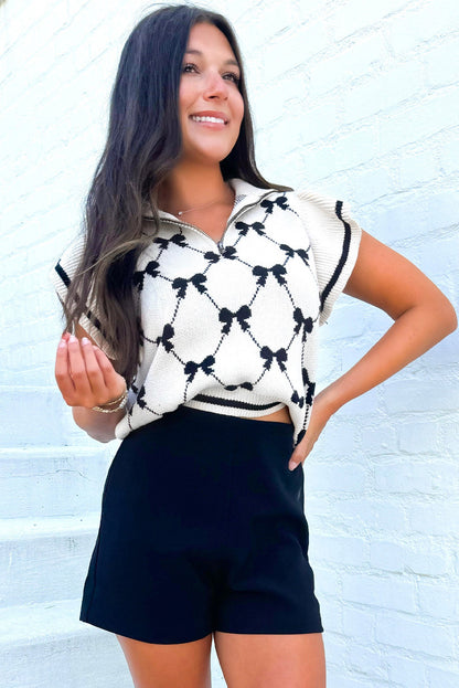 Bow Print Zipped Collar Sweater Tee