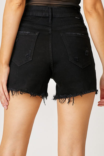 Risen Frayed Hem Denim Shorts with Fringe Pockets