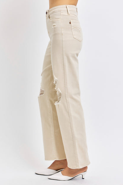 Judy Blue Cream High Waist Distressed Wide Leg Jeans