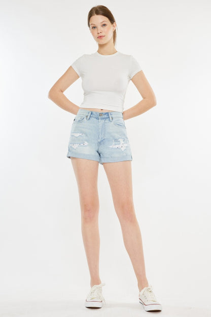 Kancan Light Wash High Rise Repaired Mom Denim Shorts