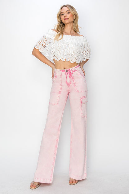 Risen Pink Wide Leg Cargo Pocket Jeans