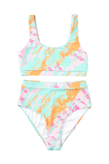 Sky Blue Abstract Waves Print High Waist Bikini Swimsuit