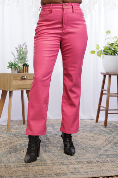 Judy Blue Tummy Control Hot Pink Faux Leather Jeans