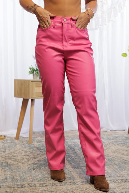 Judy Blue Tummy Control Hot Pink Faux Leather Jeans