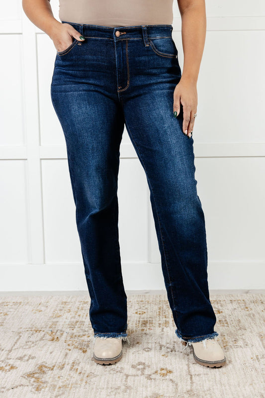 Judy Blue Mid Rise Frayed Hem Straight Leg Jean