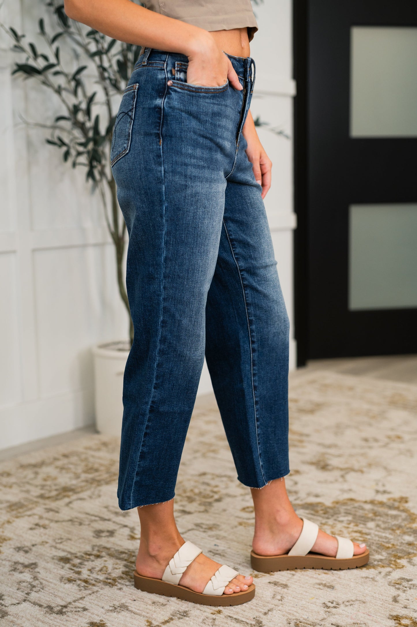Judy Blue High Waist Back Pocket Embroidery Crop Wide Leg Jeans