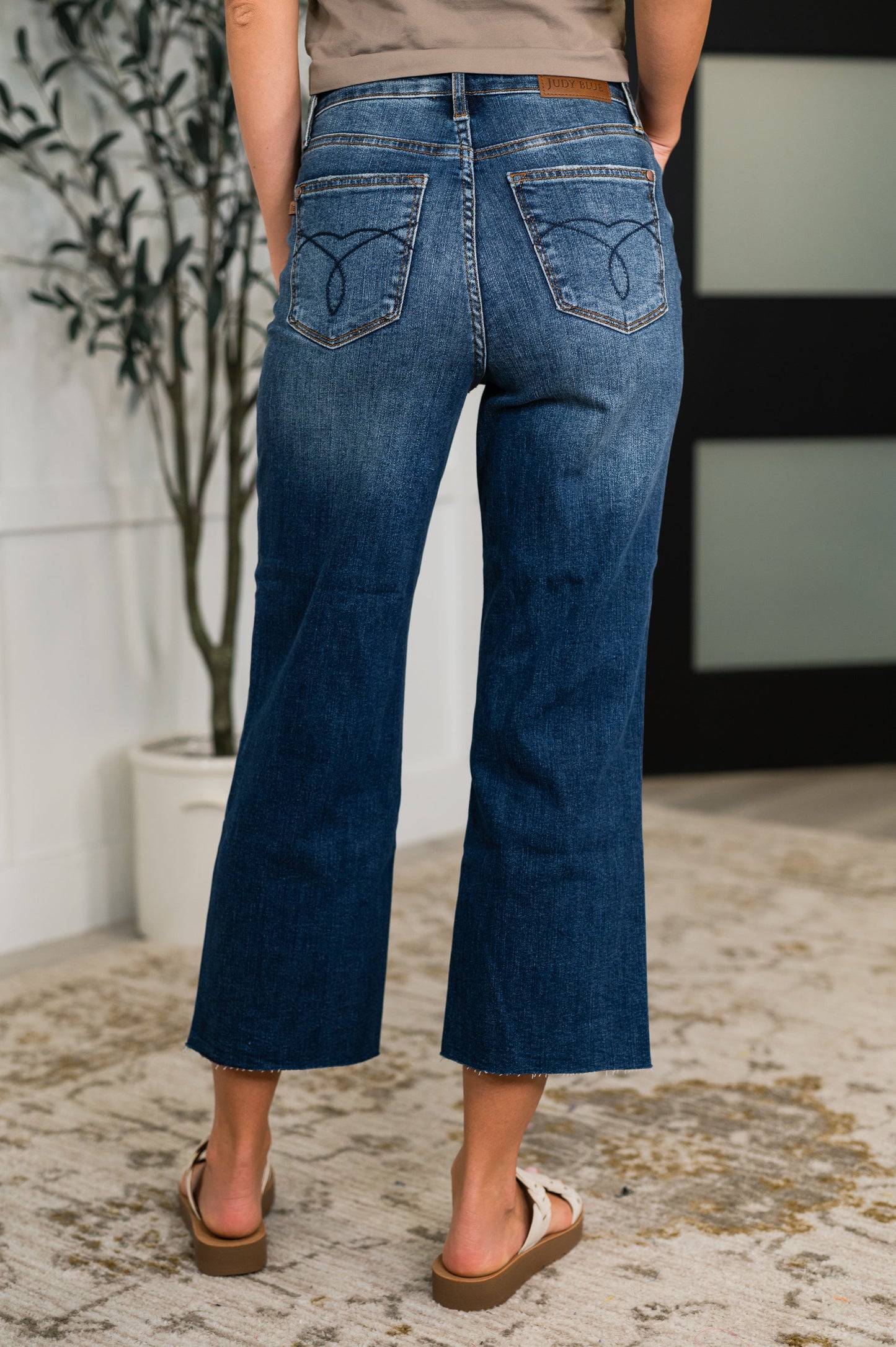Judy Blue High Waist Back Pocket Embroidery Crop Wide Leg Jeans