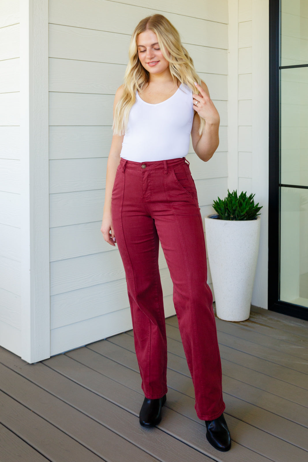 Judy Blue Burgundy High Rise Front Seam Straight Jeans
