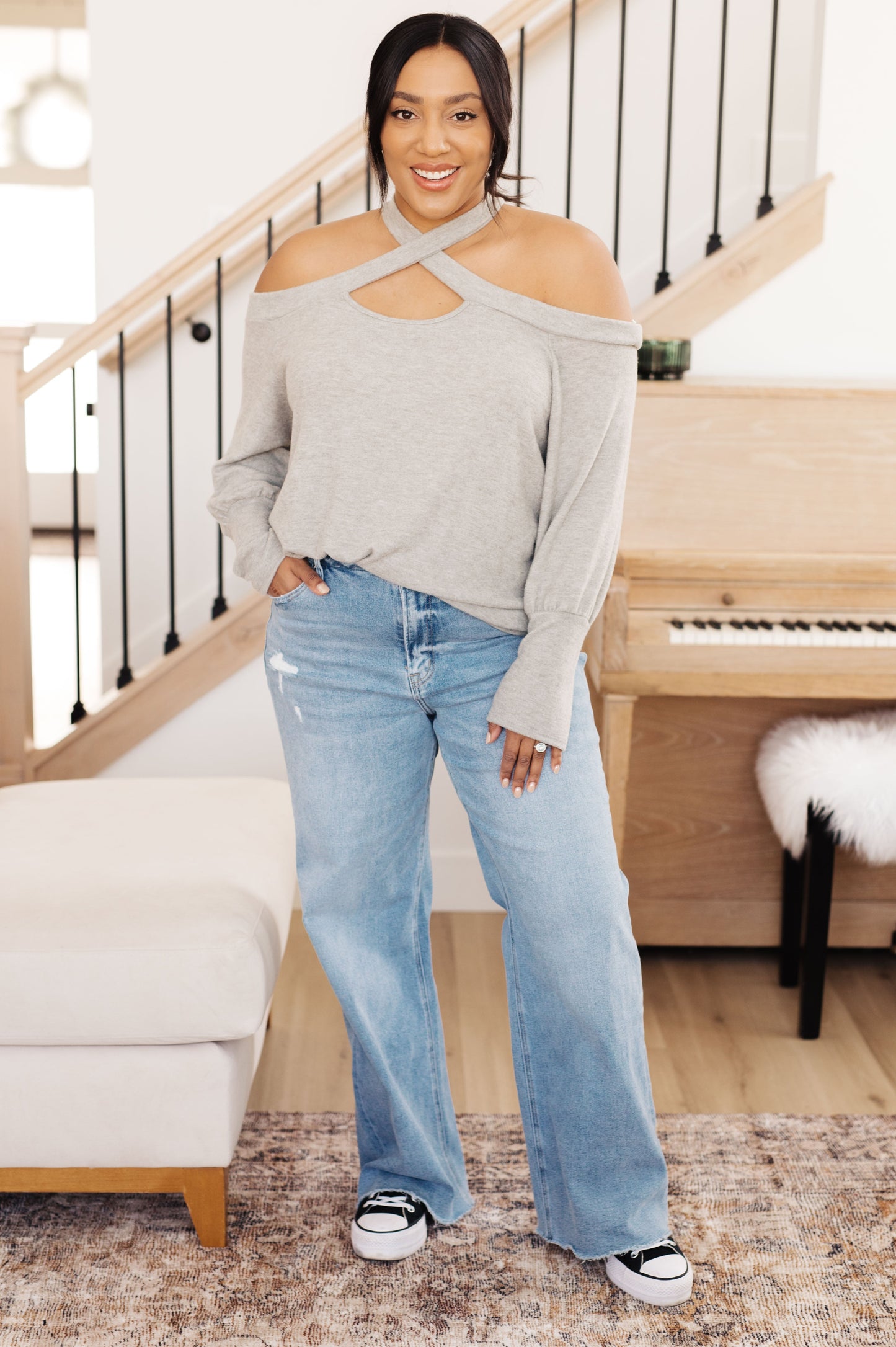 Grey Halter Open Shoulder Top