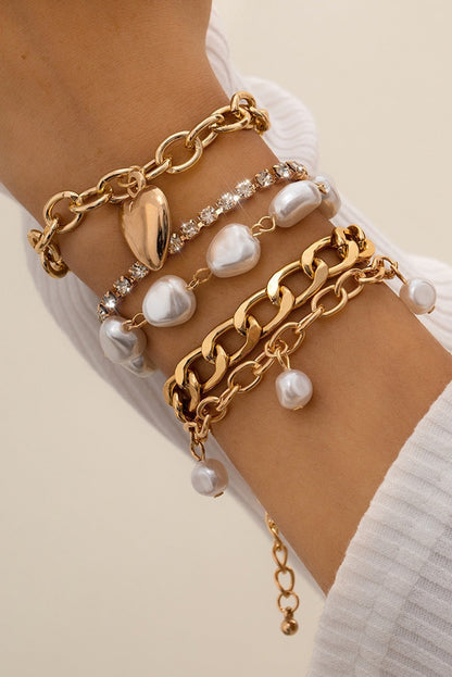 Gold Pearl Heart Diamond Bracelet Set