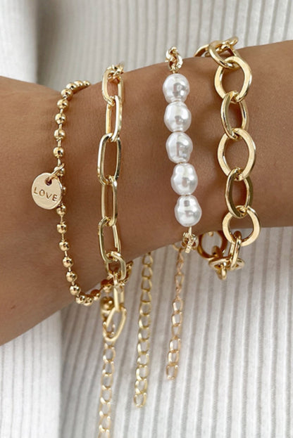 Gold Pearl Link Chain Bracelet Set