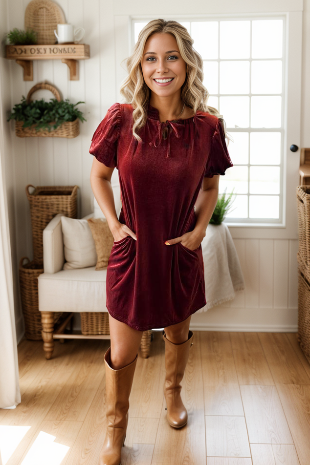 Cinnamon Velvet Pocket Mini Dress