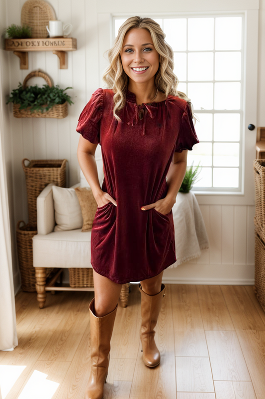 Cinnamon Velvet Pocket Mini Dress