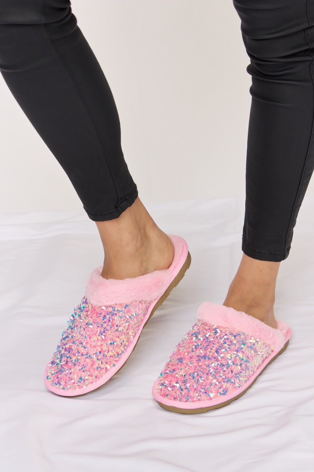 Pink Sequin Plush Slippers