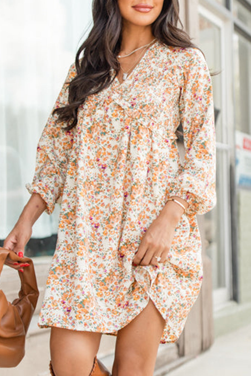 Yellow Floral Ruffled Long Sleeve Mini Dress