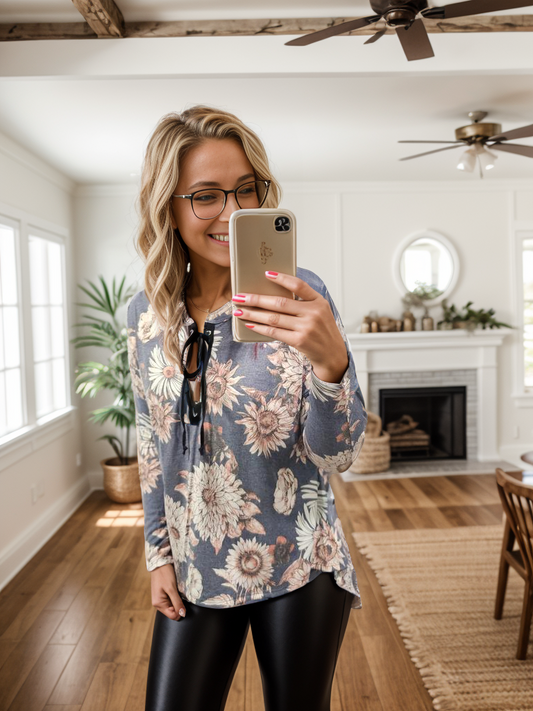 Blue Lace Up Floral Top