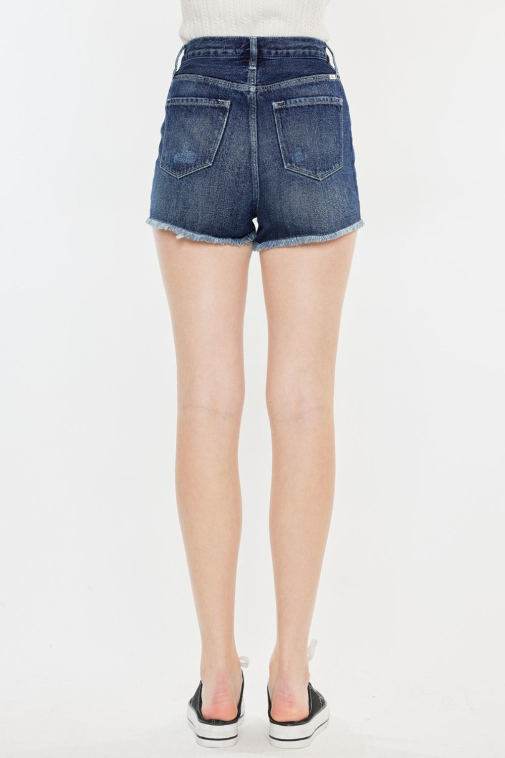 Kancan Dark Wash Raw Hem Button Fly Denim Shorts