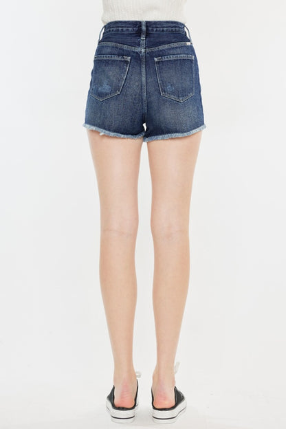 Kancan Dark Wash Raw Hem Button Fly Denim Shorts