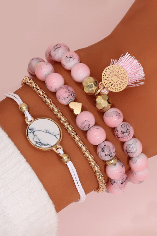 Pink Marble Bead Tassel Bracelet Set