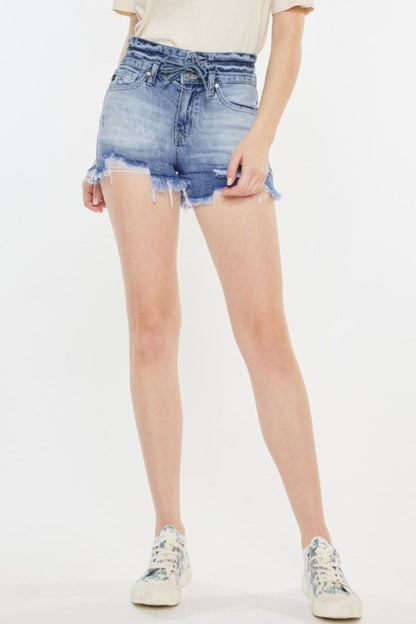 Kancan Acid Wash High Rise Frayed Hem Denim Shorts