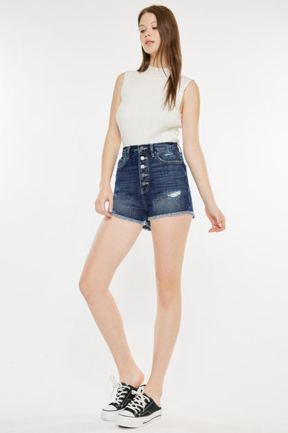 Kancan Dark Wash Raw Hem Button Fly Denim Shorts