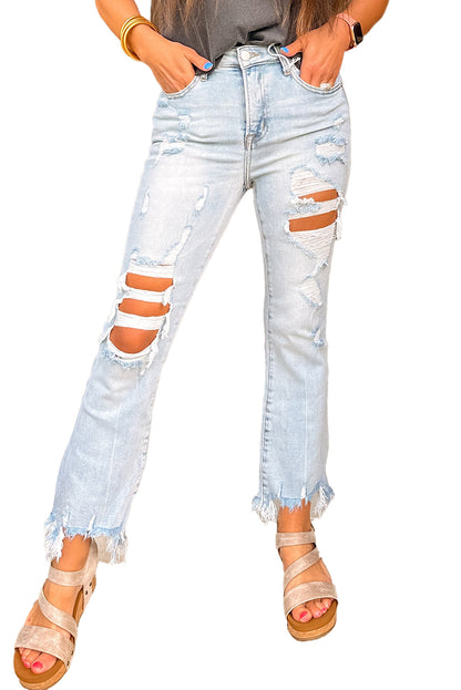 Light Wash Destructed Crop Jeans