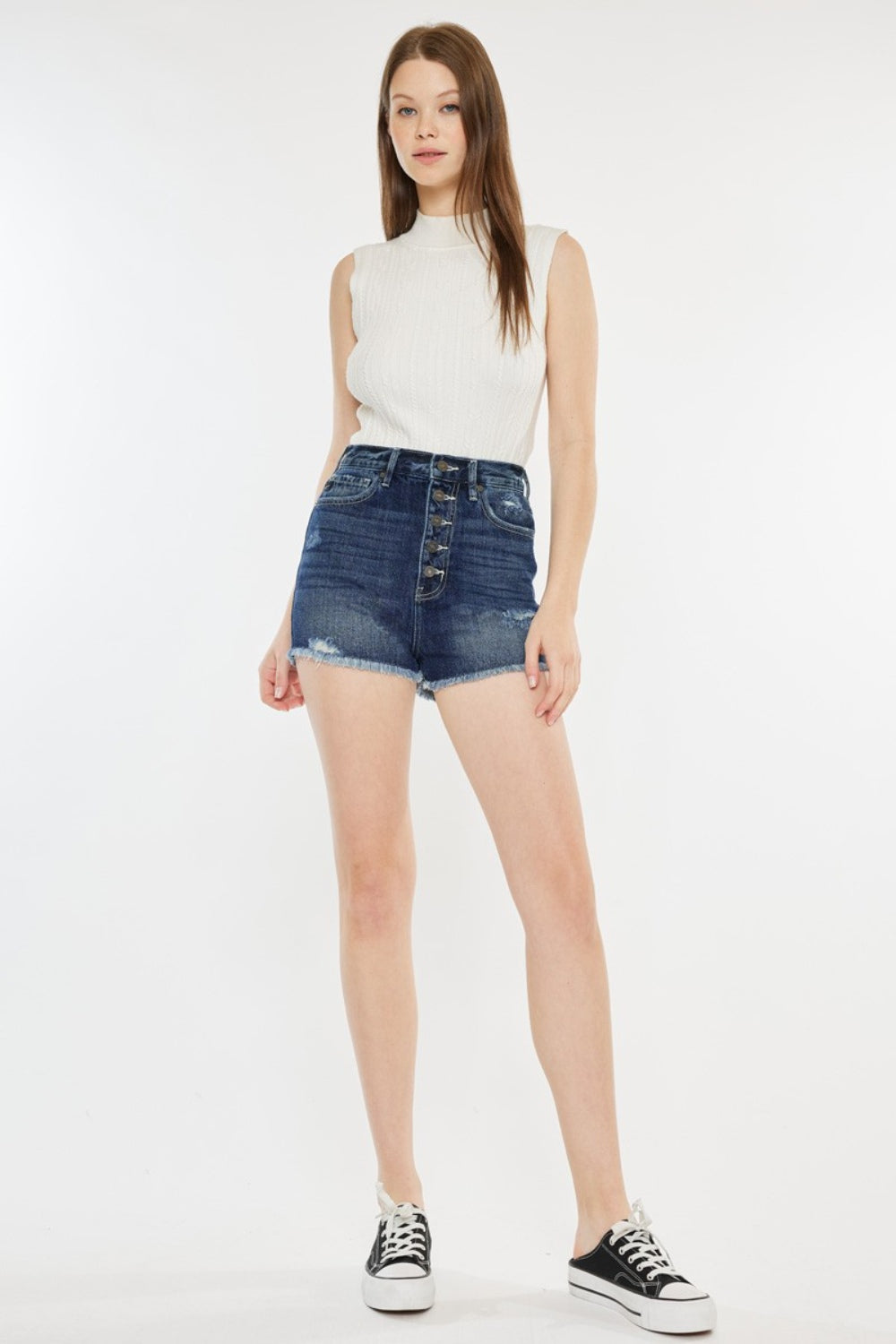 Kancan Dark Wash Raw Hem Button Fly Denim Shorts