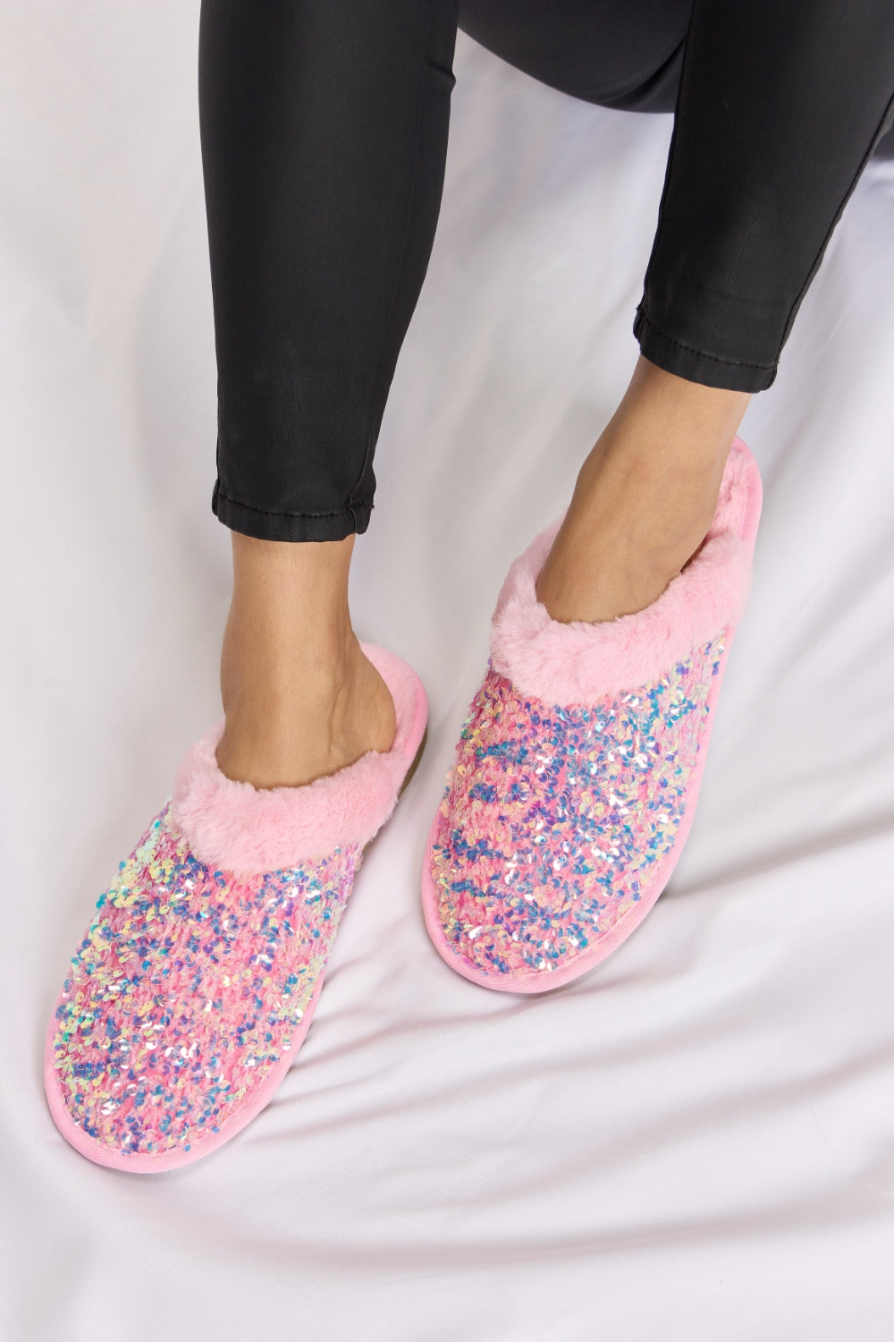 Pink Sequin Plush Slippers