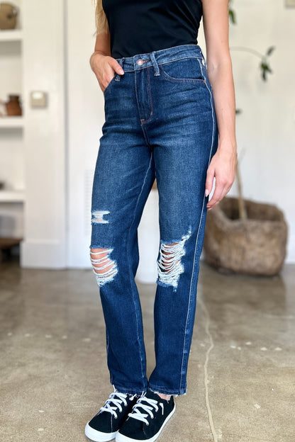 Judy Blue Rigid Magic High Waist Heavy Destroy Straight Jeans