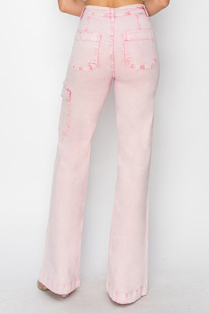 Risen Pink Wide Leg Cargo Pocket Jeans