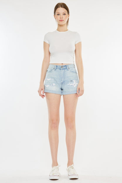 Kancan Light Wash High Rise Repaired Mom Denim Shorts