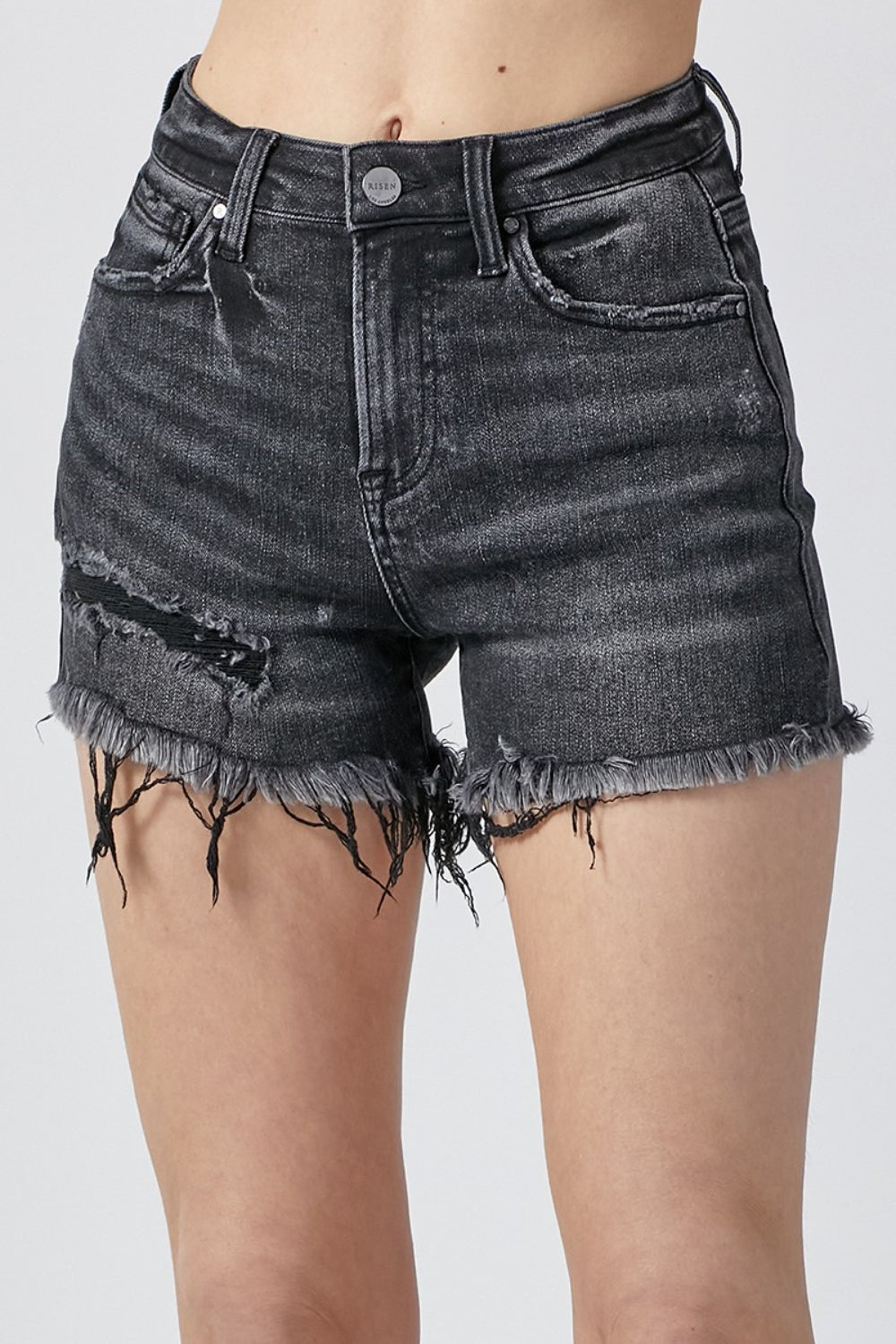 Risen Black Raw Hem Denim Shorts