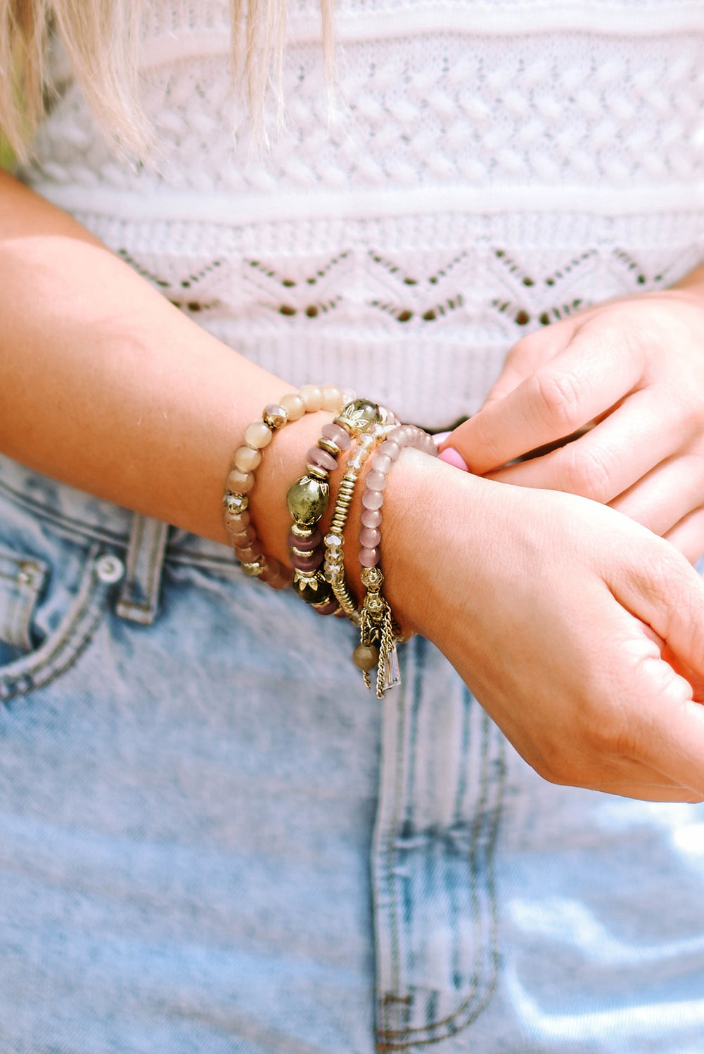 Brown Bohemian Crystal Pendant Tassel Bracelet Set