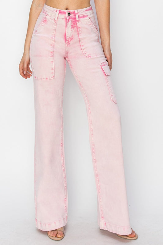 Risen Pink Wide Leg Cargo Pocket Jeans