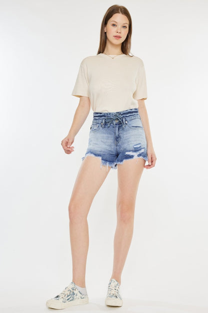 Kancan Acid Wash High Rise Frayed Hem Denim Shorts