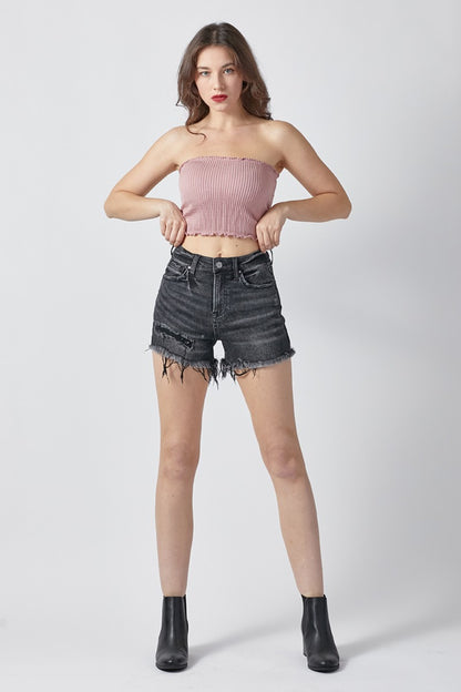 Risen Black Raw Hem Denim Shorts