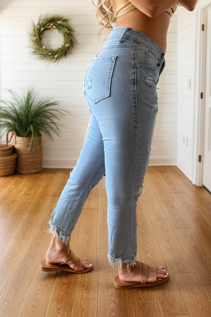 Light Wash Destructed Crop Jeans