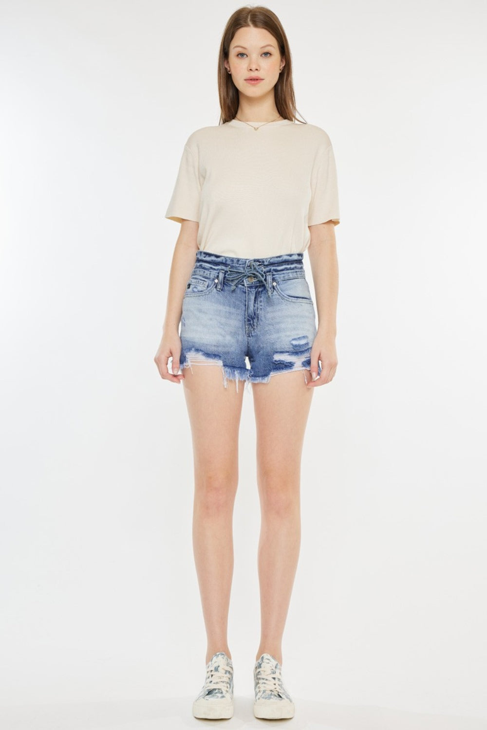 Kancan Acid Wash High Rise Frayed Hem Denim Shorts